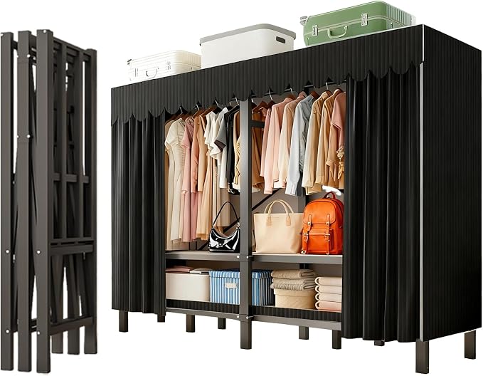 49.2in Heavy Duty Portable Closet, Foldable Wardrobe Closet with Cover, Metal Clothing Shelves for Clothes Organizers and Storage, for Bedrooms, Apartments, Rental Properties (Black, 49.2in)