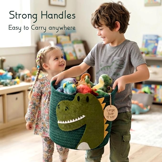 Nursery Storage Basket, Large Woven Cotton Rope Baby Bin with Dinosaur design, Strong Handles, Baby-Safe Kids Toy Organizer for Stuffed Animals, Laundry Hamper, Foldable & Washable (Dinosaur 35L)