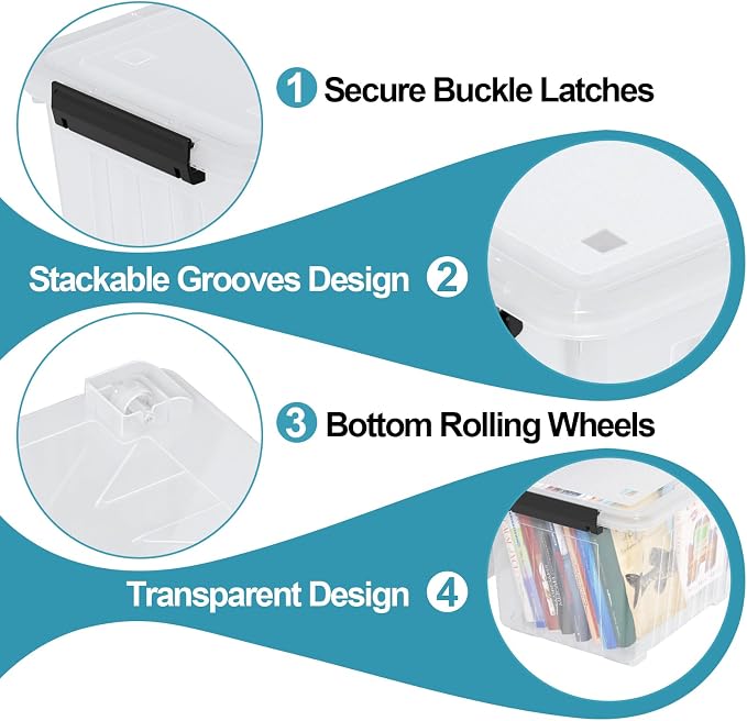 50 L Plastic Lidded Storage Bin, 4 Pack Clear Latching Storage Box | with 4 Bottom Wheels and 2 Buckle Latches, Stable Stacking