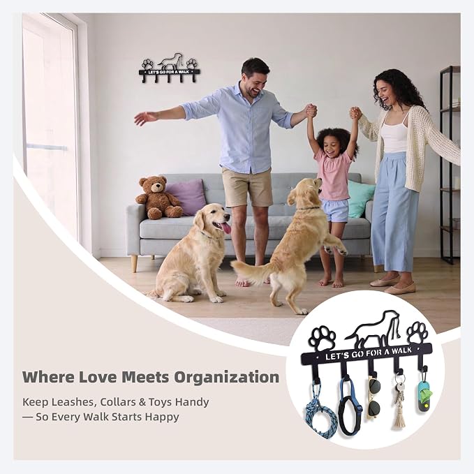 Dog Leash Holder for Wall – Dog Leash Hooks, Leash Holder, Dog Hooks, Decorative Dog Leash Organizer w/ 5 Hooks, Hooks for Hanging Dog Leashes, Dog Leash Hanger Organizer, Wall Mount Dog Leash Rack