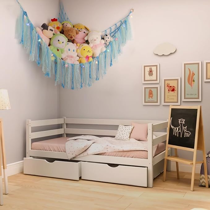 Stuffed Animal Hammock with LED Lights - 59 Inch Large Toy Storage Net for Kids Bedroom, Wall-Mounted Plush Organizer with Wooden Rings, Nursery Decor (Handwoven, Blue)