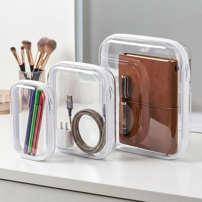 6 Pack Clear Hard Shell Zipper Case, Hard Plastic Zipper Pouches(2L, 2M,2S) | 2 Large, 2 Medium,2 Small，Diaper Bag Storage Organizer Box, for Travel of Makeup Bag, Toiletry Bag, Electronics, Toys