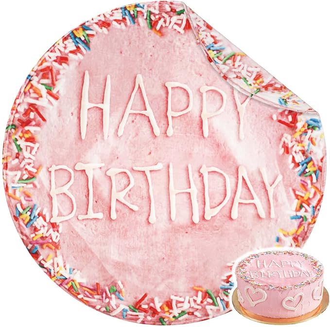 Bnuitland Pink Birthday Cake Blanket, 300 GSM Double Sided Giant Realistic Funny Gift Throw for Sofa Bed, Super Soft Novelty Food Blanket for Kids/Pets and Adults