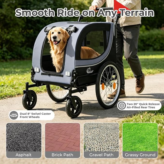 2-in-1 Bike Trailer & Pet Stroller for Dogs up to 100lbs– Foldable Pet Carrier Cart with Two 8'' Front Caster & 20'' Quick Release Air-Filled Wheels