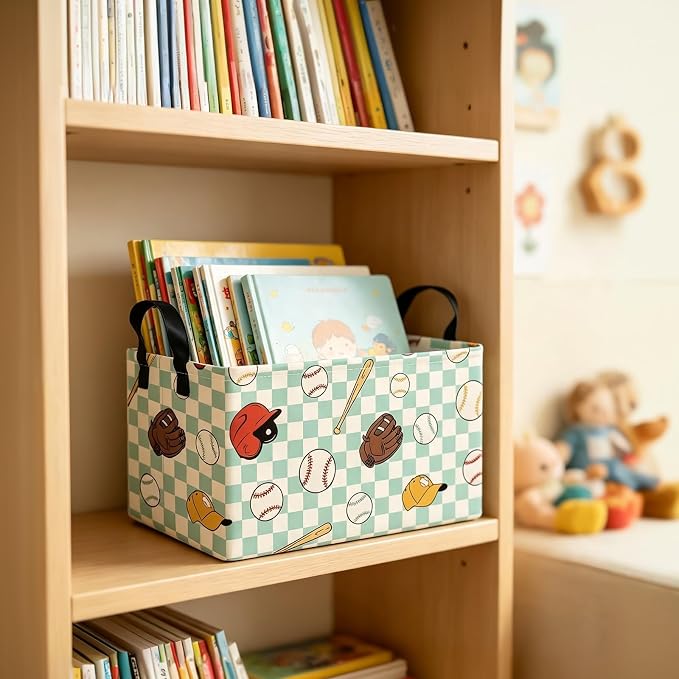 Rectangular Collapsible Storage Basket Toy Organizer Green Grid Baseball | Storage Bin Foldable Canvas with Handles for Organizing Home Kitchen Children Toys Office Closet Shelf Baskets