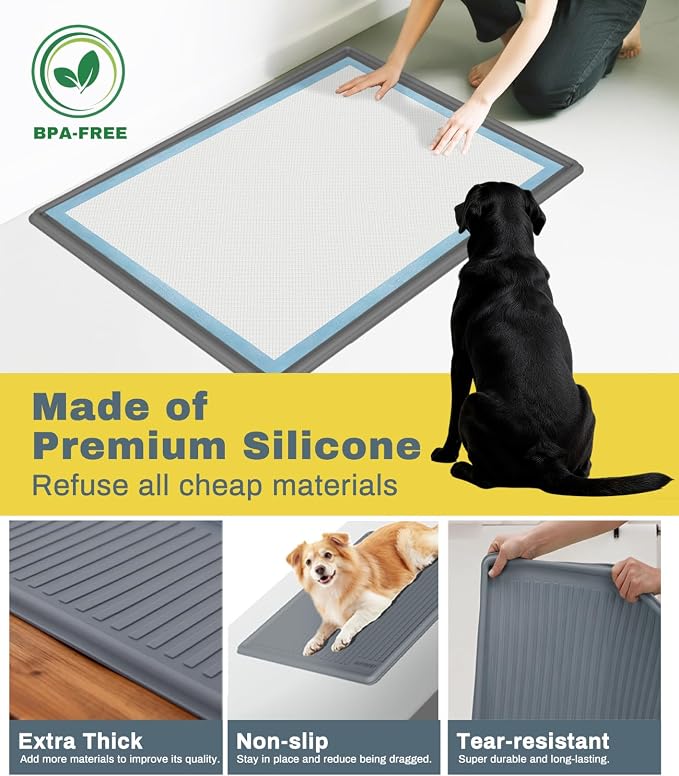 Thick Silicone Pet Pee Pad Holder, Extra Large Tray for 28" x 34" Disposable Pads, Raised High Edge Leak-Proof Training Mat for Puppy, Dogs, Cats