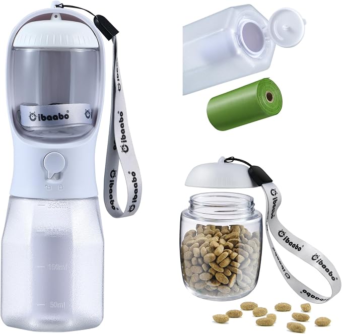 Cibaabo Dog Water Bottle with Food Container & Poop Bag Holder & Filter | Feeding & Hydration & Waste All in One | Travel Puppy Water Bowl | Portable Pet Dispenser | Dog Gifts | for Walking Beach