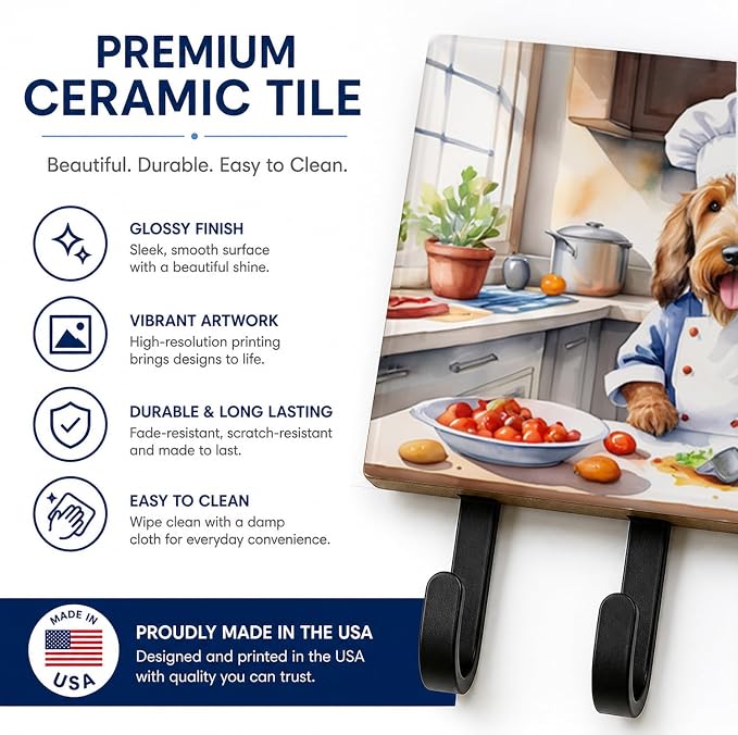 Caroline's Treasures Otterhound The Chef Leash or Key Holder Wall Hooks, Key Hooks Holder, Coat Rack Wall Mount, Coat Hooks, Hooks for Hanging Keys, Towels, Aprons, Leashes | Otterhound The Chef artwork on ceramic tile with three steel hooks for keys, ...