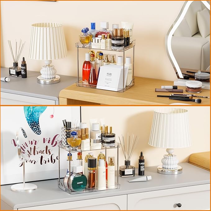 Clear Acrylic Bathroom Counter Organizers and Storage Tray, 2 Tier Makeup,Perfume,Skincare Organizer Shelf & Vanity Storage for Bedroom and Counter Top Spice Racks for Kitchen Corner,Rectangle