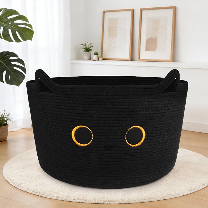 Large Black Cat Basket for Nursery,Cute Cat Woven Laundry Blanket Cotton | Rope Extra Storage Basket with Handles, 0rganize Decorative Gifts for Towels Pillow Clothes Hamper Toy Bin,23"D×13"H