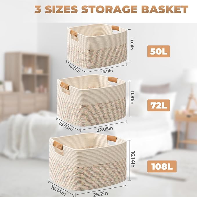 danpinera 108L Large Basket for Living Room, Boho Decorative Basket Organizing with Handles, Cotton Rope Storage for Toys, Pillows, Clothes, 25’’*16’’*16’’ Rainbow