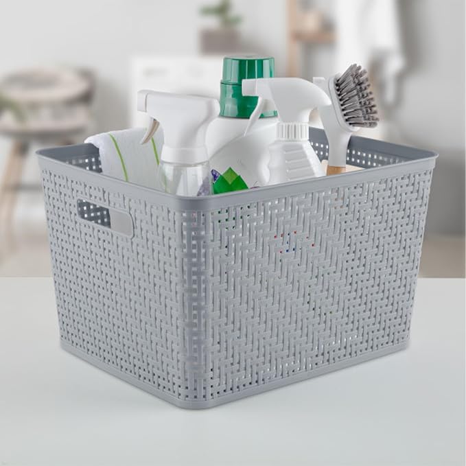 Sterilite 24 Pack Plastic Storage Bin Organization Containers, Tall Baskets, Cement