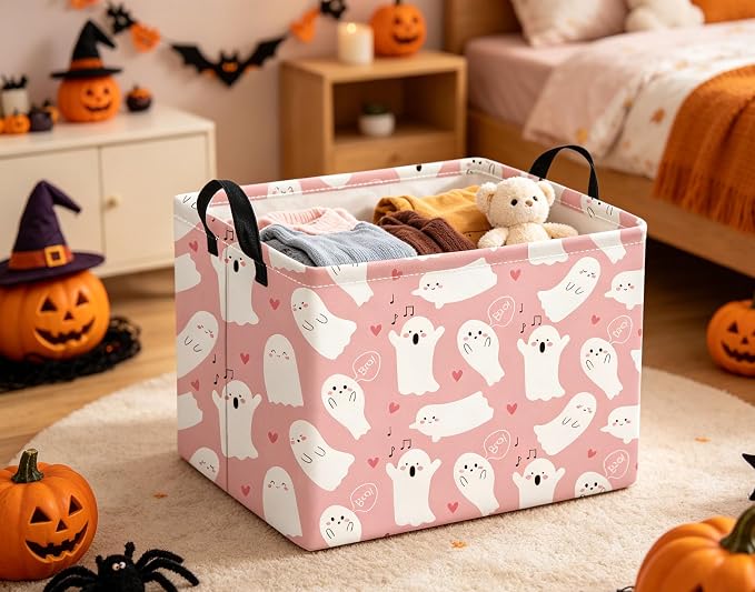 Halloween Basket Cute Baskets for Kids Pumpkin Basket Rectangular Storage Bin Organizer Box Room Decor(Pink Singing Ghost)