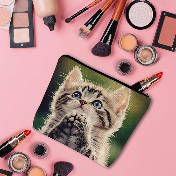 Cat Makeup Organizer - Cute Animal Pet Flax Toiletry Bags, Travel Cosmetic Pouch Skincare Wallet Bags For Women, Mom, Daughter