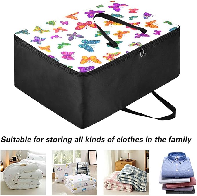 Comforter Storage Bags Large Folding Blanket Organizer Bag with Strong Handles Clear Window Closet Storage Containers for Clothes King Queen Pillows Bedding Quilt Duvet Bright Color Butterfly