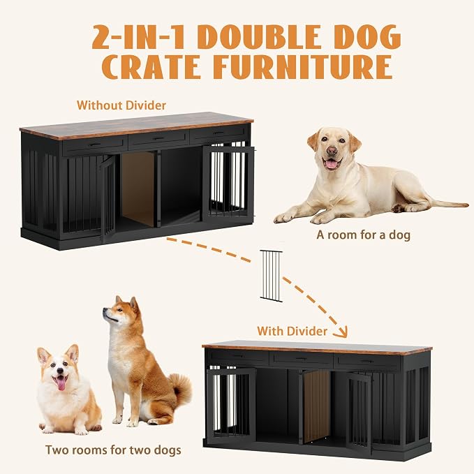 70.9 inches Double Dog Crate Furniture with 3 Drawers for Large Medium Dogs