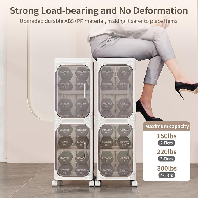 5 Tier Slim Bathroom Storage Cabinet, Foldable and Movable, White | Tools Free, ABS and PET, Magnetic Clear Door, Adjustable Shelves, Lockable Wheels, Water Resistant, For Narrow Space