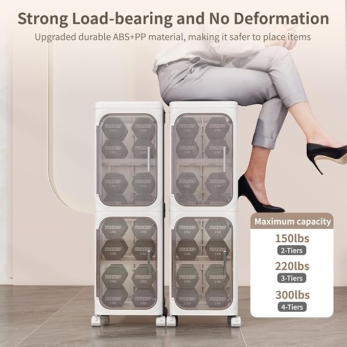 3 Tier Slim Bathroom Storage Cabinet, Foldable and Movable, White | Tools Free, ABS and PET, Magnetic Clear Door, Adjustable Shelves, Lockable Wheels, Water Resistant, For Narrow Space