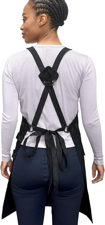Under NY Sky Barber Apron, Cross-Back, Leather Loops, Flapped Pocket, Black | Oxford Canvas Resists Liquids, Chemicals, Ink, Dye. All Reinforced. Easy Sanitation For Hair Stylist, Salon, Colorist, Barber