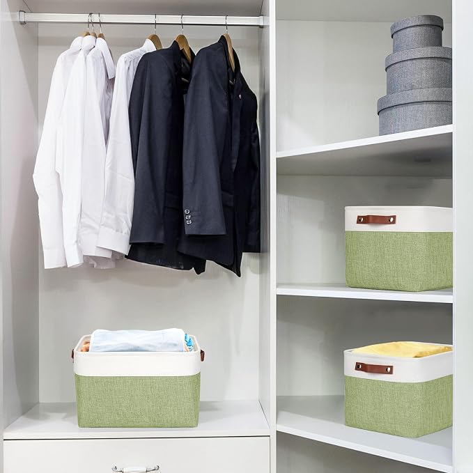 Bagnizer Storage Bins Large Fabric Storage Baskets for Shelves 3 Pack, Decorative Linen Closet Baskets with Handles for Organizing, Shelf, Clothes, Home, Office, 15x11x9.5Inches (Green&White)