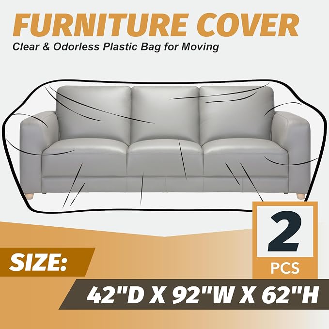 2 Pack Clear Plastic Moving Sofa couch Furniture Storage Covers | Extra Large 92x 62 x 42 Inch Moving Bags, With Label, Waterproof, Dust Proof