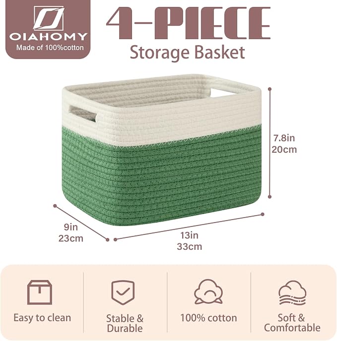 OIAHOMY 4 Pack Storage Basket, 13"x9"x7.8" Cotton Rope Baskets for Shelves, Closet Organizer for Bedroom & Living Room, Soft Decorative Bins for Organizing Towels, Books & Toys, Olive Green & White