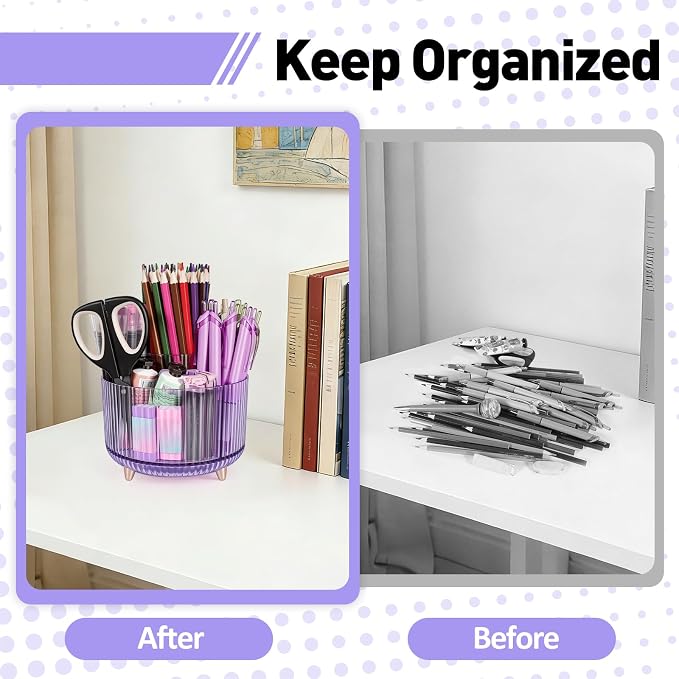 360 Rotating Pen Pencil Holder for Desk, Pen Organizer with 5 Slots | Makeup Brush Holder, Desk Organizer and Accessories, Cute Pencil Cup Caddy for Office School Home Decor Art Supply (Purple)