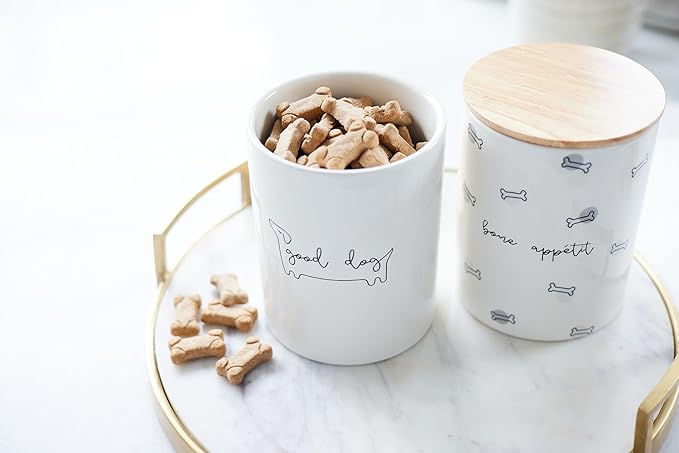 Pearhead Bone Appétit Ceramic Dog Treat Jar with Airtight Wooden Lid – Cute & Stylish Pet Treat Canister Keeps Dog Snacks Fresh – Durable, Easy-to-Clean Design, Kitchen Counter Décor, 4 Cup / 32 oz
