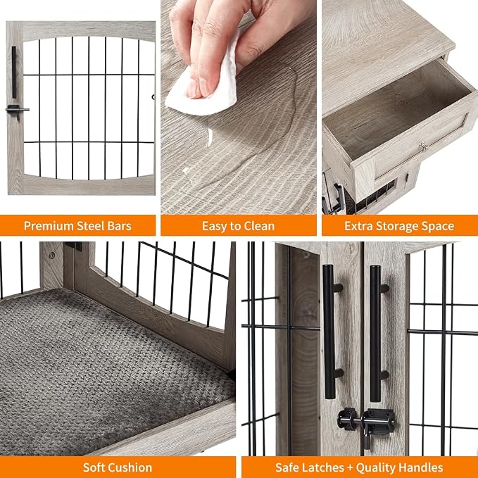 Dog Crate Furniture with 3 Doors,39.4" Large Dog Crate with 2 Drawer & Cushion,Wooden Dog House Kennel for Medium/Large Dog (31.5" l×23.6" w×32.1" h)