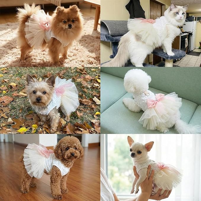 Dog and Cat Girl Bow Dress, White Dog D-Ring Wedding Dress with Pink Bow, Cat Birthday Set, Chihuahua York Pomeranian Cat Pet Party Dress (Pink Bow-Princess, Small)