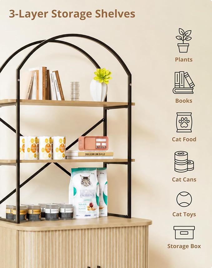31.5" Cat Litter Box Enclosure,Hidden Litter Box Furniture with 2-Tier Storage Shelves,Wooden Cat Washroom and Pet House with Sliding Tambour Door for Living Room, Oak