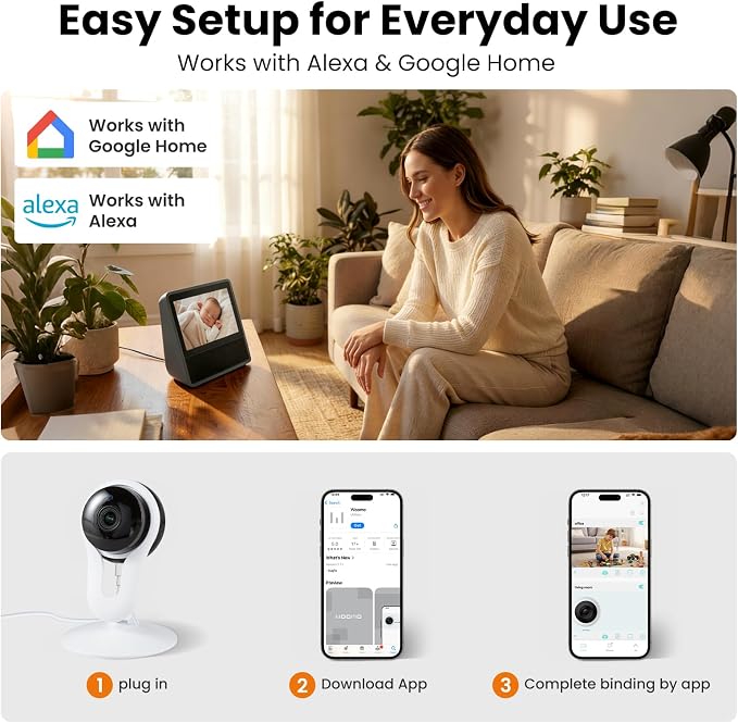 Smart Indoor Pet Camera with Phone App, 2K Home Camera for Dogs, Cats & Family, Motion & Sound Alerts, Night Vision, 2-Way Audio, Alexa Compatible