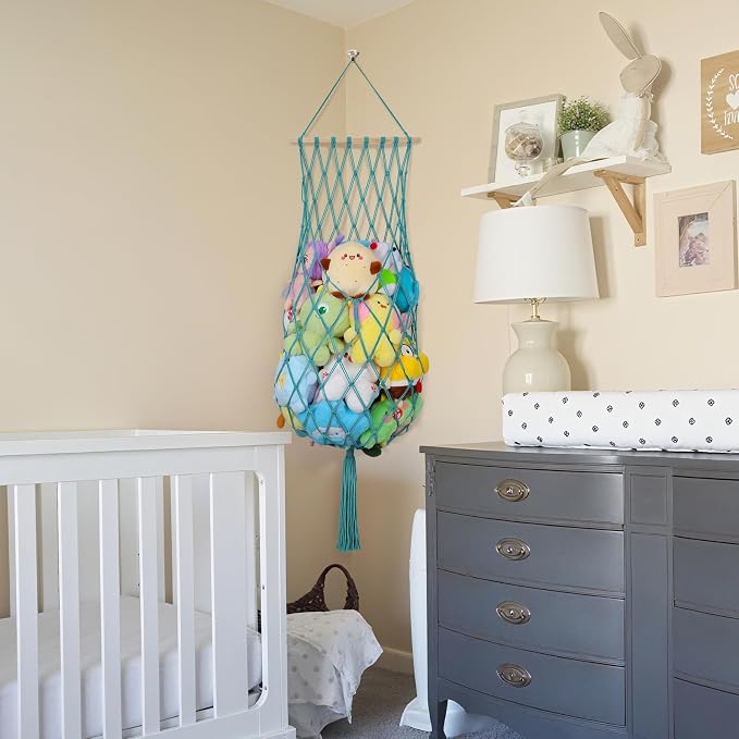 68 Inch Stuffed Animal Storage Hammock Corner Plushie Net,Aqua | Boho Macrame Large Toy Hammock for Stuffed Animals Organizer,Wall Ceiling Over Door Stuffy Storage Holder,Nursery Room Decor