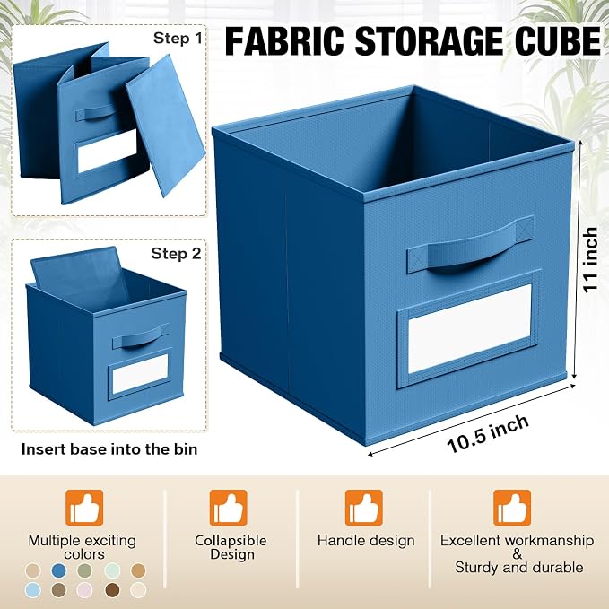 Teenyyou 10 Pack Fabric Storage Cubes 11 Inch Collapsible Cube Bins with Label Window & Handle Foldable Organizers Baskets for Shelf Closet Nursery Kids Room Clothes Book Toy(Boho)
