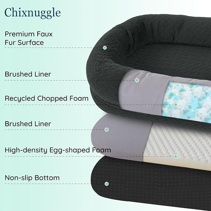ChiXnuggle Orthopedic Human Dog Bed,with Faux Fur Washable Cover,Blanket | dark grey,72*40*10,giant dog bed for adult or extra large dogs,egg crate foam,non-slip bottom