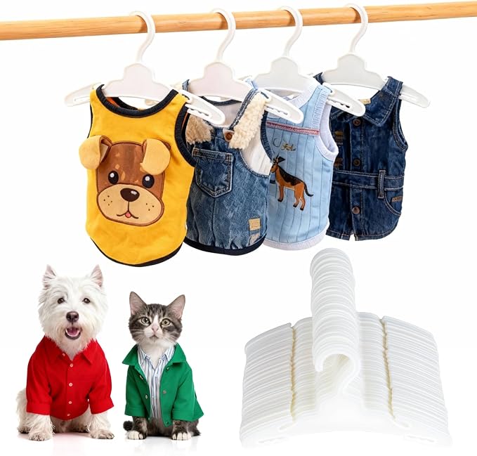 54 Pcs Dog Clothes Hangers 7 Inch White Plastic Pet Clothes Hanger with Anti-Slip, Pet Clothes Hangers Suitable for Dog, Cat Clothes, Small Pet Clothes, Pet Wardrobe Organization Hangers