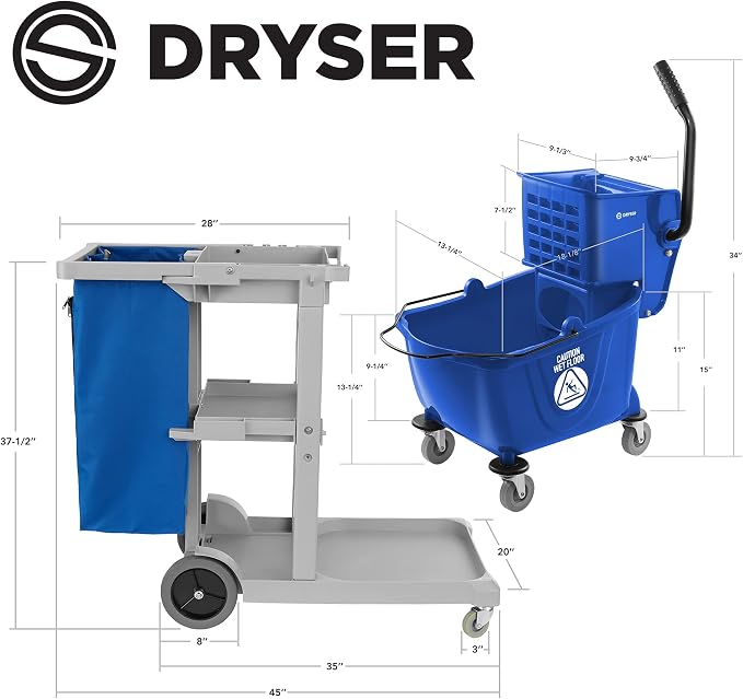 Commercial Janitorial Cleaning Cart on Wheels with Shelves and Vinyl Bag & Commercial Mop Bucket with Side Press Wringer, 26 Qt. Blue