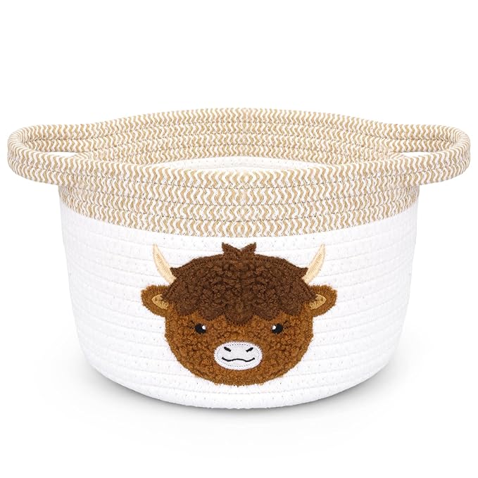 Highland Cow Gift Basket - Small Woven Cotton Rope Organizer Basket for Nursery, Pet Toys & Baby Shower, Foldable Decorative Bin with Handles (7.8x6in)