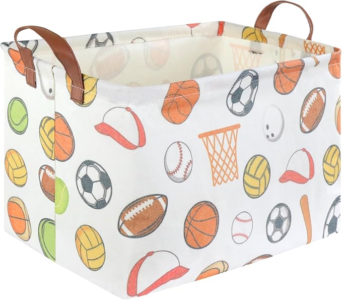 Rectangular Ball basket,Kids Storage Bins, Foldable and waterproof canvas kids basket organizer, Boys toy box,boys Room Decor,shelf basket(Ball game)