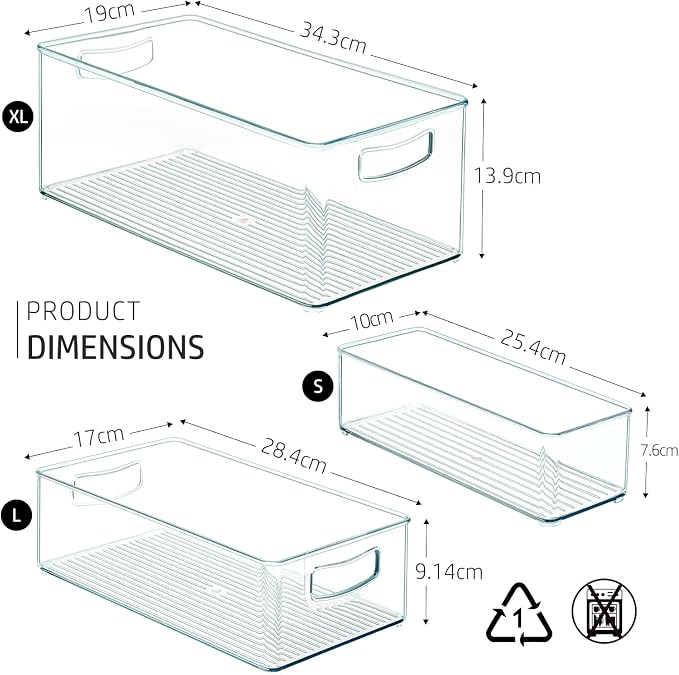 Hudgan 8 PACK Stackable Pantry Organizer Bins (3 Size) - Clear Fridge Organizer for Kitchen, Freezer, Refrigerator, Cabinet - Plastic Storage Container with Handle for Home
