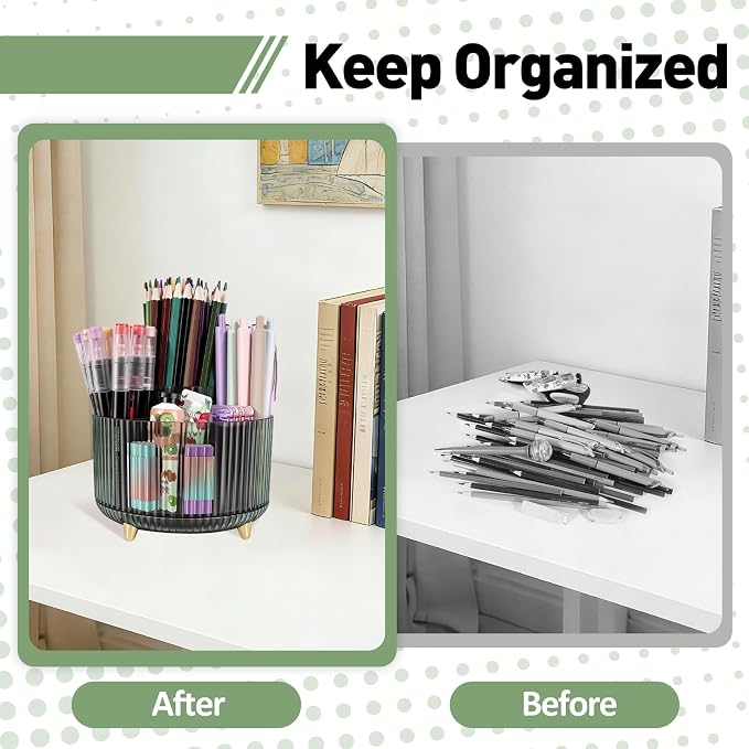 360 Rotating Pen Pencil Holder for Desk, Pen Organizer with 5 Slots | Makeup Brush Holder, Desk Organizer and Accessories, Cute Pencil Cup Caddy for Office School Home Decor Art Supply (Green)