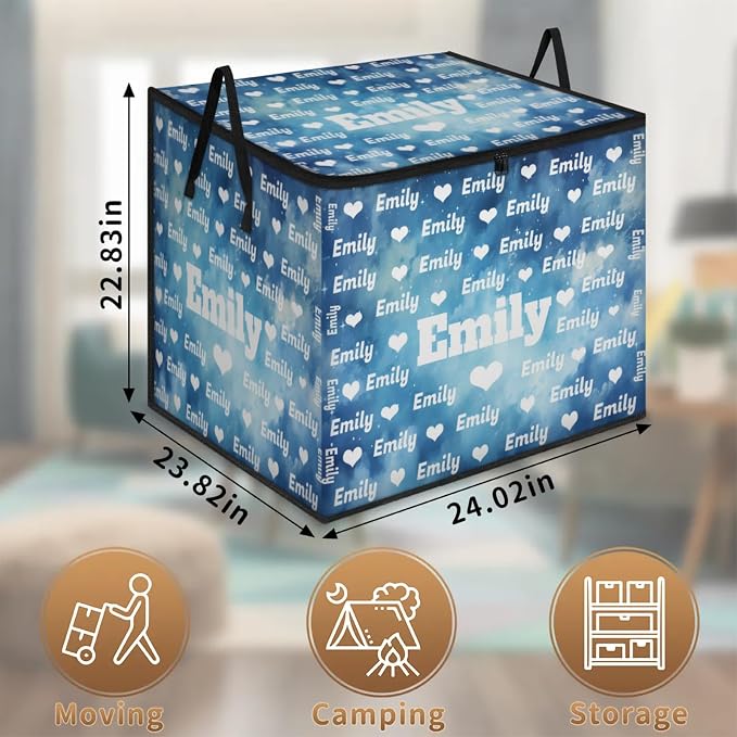 Personalized Name Large Storage Basket with Lid, Watercolor Blue Starry Night with Love Heart Canvas Storage Bins Quilt Clothes Organizer for Bedroom, Kitchen, Bathroom, Nursery, Shelves, Closets