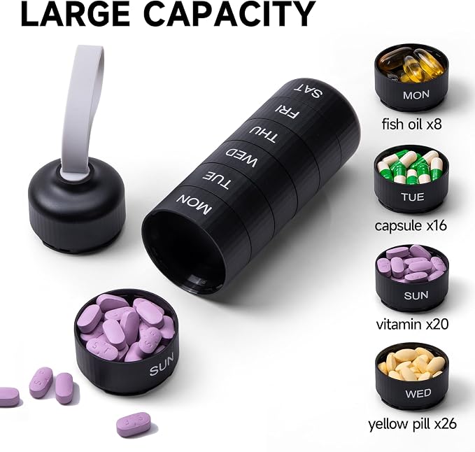 Betife Travel Pill Organizer, 7 Day Stackable Weekly Pill Case - Black | Daily Pill Container with 7 Large Stackable Compartments, Sturdy ABS Snap-lock, No Metal-on-Metal Friction, Portable Pill Box