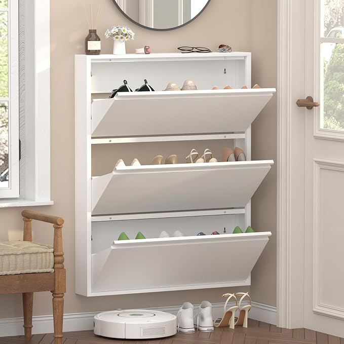 GREATMEET Shoe Rack for Closet, Slim Wall Mounted Metal Cabinet with 3 Flip Drawers, Steel Hidden Shoe Cabinet Storage for Entryway, Modern Narrow Shoe Organizer Cabinet for Mudroom, Hallway, White