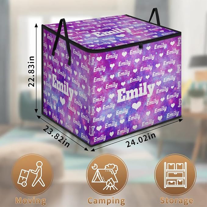 Custom Storage Baskets Cubes for Home with Name, Love Heart Large Foldable Organizer Collapsible Storage Bins for Home Blanket Comforters Clothes Closet Nursery, Watercolor Purple Galaxy Background