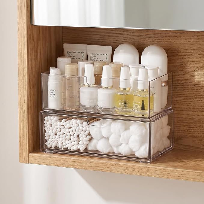 Stackable Medicine Cabinet Makeup Organizer for Bathroom, 2 Pack | Top-Opening and Drawer Design, Clear Access, Dustproof, Non-Slip & Place Stably, Holds Lipstick & Cotton Swab
