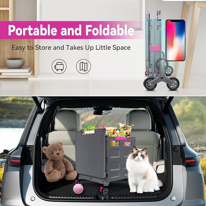 Foldable Utility Cart Portable Crate Rolling Dolly with Telescopic Handle,Can be Pulled diagonally, Magnetic Retractable Lid, 360°Swivel Climbing Wheels for Shopping Carrying Groceries Move Grey