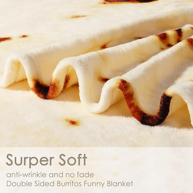 Bnuitland Burritos Tortilla Throw Blanket, 300 GSM Double Sided Giant Funny Gift, Realistic Super Soft Novelty Taco Swaddle Food Blanket for Kids and Pets Wrap
