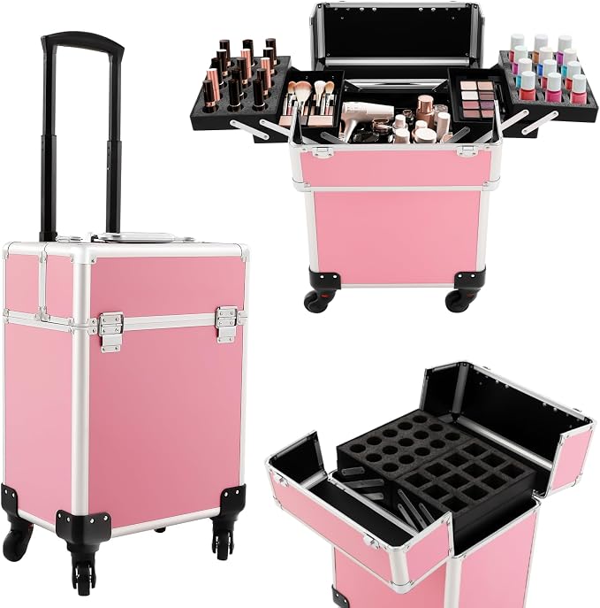 Rolling Makeup Train Case, Lockable Cosmetic Trolley with 2 Keys, Aluminum Cosmetic Case Rolling Makeup Trolley Case 4 Tray with Sliding Rail, Salon Barber Case Traveling Cart Trunk