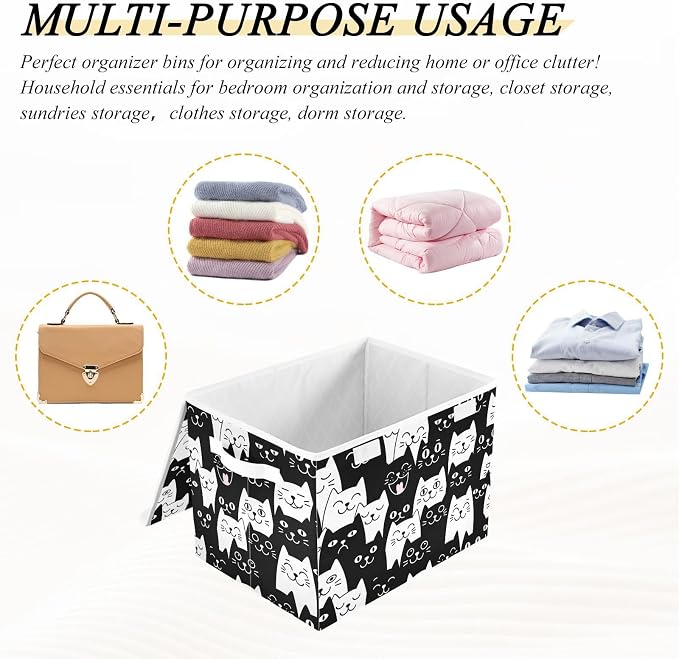 Cat Smile Fabric Storage Bins with Lid Foldable Storage Boxes 40L Baskets | Decorative Storage Boxes, Foldable & Stackable, Dust-Proof Flip Top, Reinforced Handles, For Home & Dorm, Clothes & Toy Box